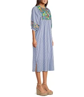 J.Marie Tristen Embroidered Side Slit Striped Pullover Midi Dress
