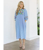 J.Marie Tristen Embroidered Side Slit Striped Pullover Midi Dress