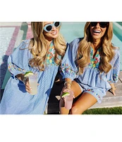 J.Marie Tristen Embroidered Side Slit Striped Pullover Midi Dress