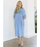 J.Marie Tristen Embroidered Side Slit Striped Pullover Midi Dress