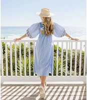 J.Marie Tristen Embroidered Side Slit Striped Pullover Midi Dress