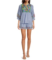 J.Marie Tristen Embroidered Striped Pull-On Coordinating Shorts