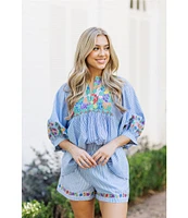 J.Marie Tristen Embroidered Striped Pull-On Coordinating Shorts