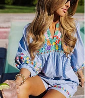 J.Marie Tristen Embroidered Striped Pull-On Coordinating Shorts