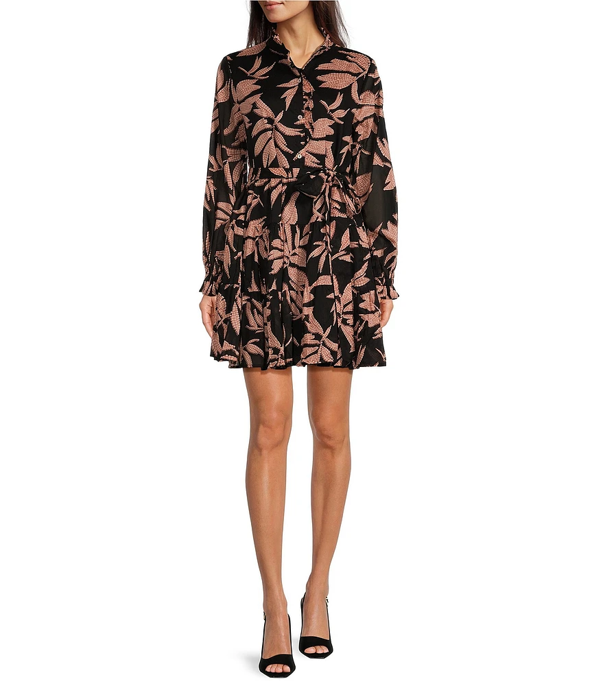 J.Marie Woven Floral Print Ruffle Mock Neck Long Sleeve Button Front Belted Above the Knee A-Line Flounce Dress