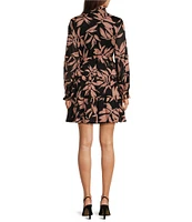 J.Marie Woven Floral Print Ruffle Mock Neck Long Sleeve Button Front Belted Above the Knee A-Line Flounce Dress