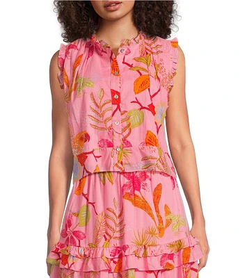J.Marie Coordinating Woven Playa Button Up Ruffle Top