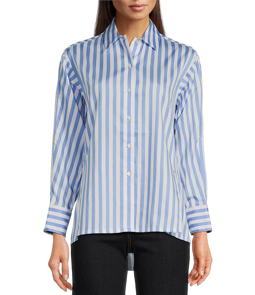 J.McLaughlin Alexis Cotton Sateen Stripe Print Point Collar Long Sleeve Button Front Blouse