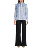 J.McLaughlin Alexis Cotton Sateen Stripe Print Point Collar Long Sleeve Button Front Blouse