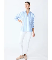 J.McLaughlin Alexis Cotton Sateen Stripe Print Point Collar Long Sleeve Button Front Blouse