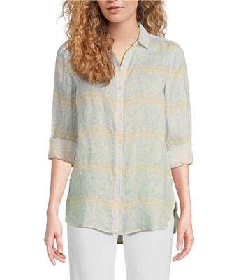 J.McLaughlin Britt Printed Airy Linen Point Collar Long Sleeve Shirt