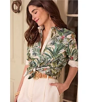 J.McLaughlin Britt Tropical Floral Print Mandarin Collar Long Sleeve Button Front Blouse