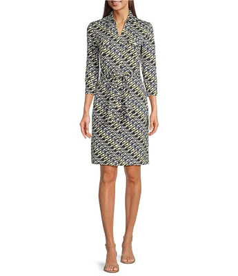 J.McLaughlin Brynn Lyford Jersey Knit Geo Print Collared V-Neck 3/4 Sleeve Chest Pocket Belted Shirt Dress