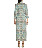 J.McLaughlin Brynn Printed Lyford Jersey Point Collar 3/4 Sleeves Button Front Maxi Shirt Dress