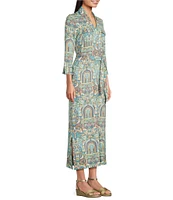 J.McLaughlin Brynn Printed Lyford Jersey Point Collar 3/4 Sleeves Button Front Maxi Shirt Dress