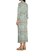 J.McLaughlin Brynn Printed Lyford Jersey Point Collar 3/4 Sleeves Button Front Maxi Shirt Dress