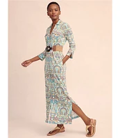 J.McLaughlin Brynn Printed Lyford Jersey Point Collar 3/4 Sleeves Button Front Maxi Shirt Dress