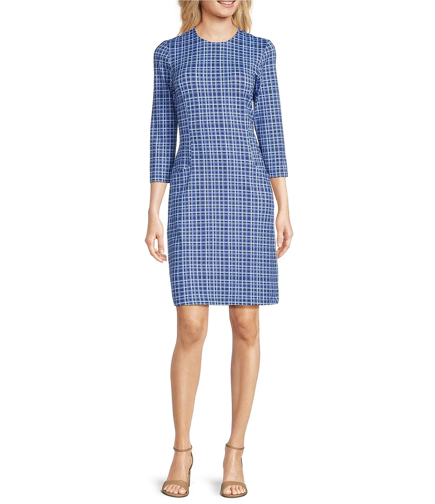 J.McLaughlin Catalyst Catalina Cloth Plaid Print Round Neck 3/4 Sleeve Sheath Dress