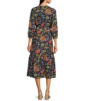 J.McLaughlin Cerina Drapey Poly Crepe Floral Print Split V-Neck Bracelet Sleeve Belted A-Line Dress