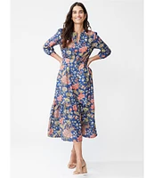 J.McLaughlin Cerina Drapey Poly Crepe Floral Print Split V-Neck Bracelet Sleeve Belted A-Line Dress