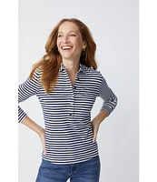 J.McLaughlin Court Stretch Knit Stripe Print 3/4 Sleeve Polo Collar Top