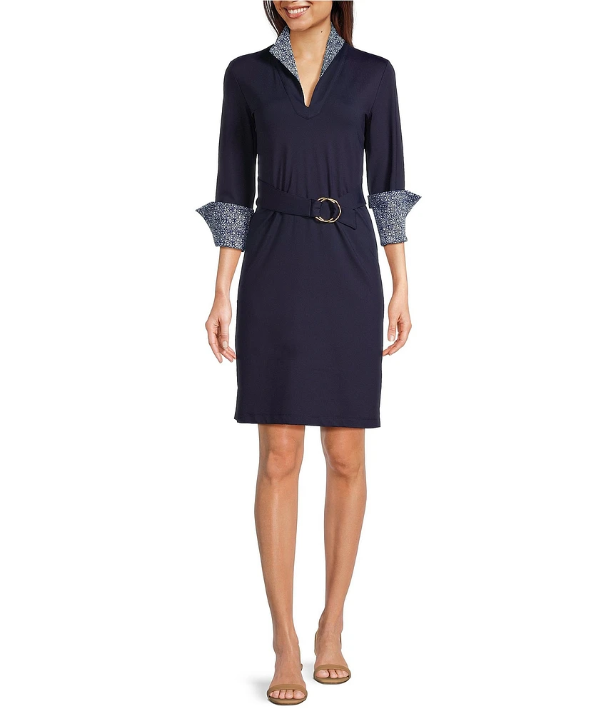 J.McLaughlin Daniellle Poplin Collar V-Neck 3/4 Cuff Sleeve Belted Dress