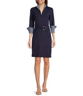 J.McLaughlin Daniellle Poplin Collar V-Neck 3/4 Cuff Sleeve Belted Dress