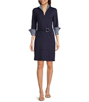 J.McLaughlin Daniellle Poplin Collar V-Neck 3/4 Cuff Sleeve Belted Dress