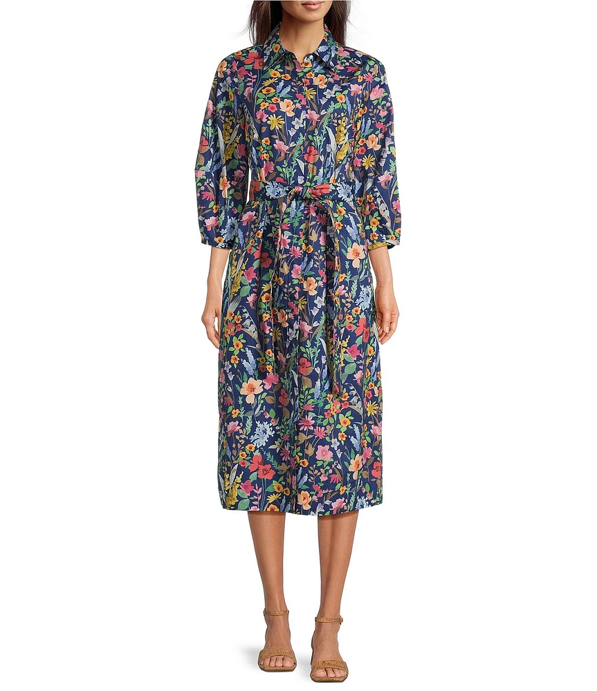 J.McLaughlin Davida Woven Watercolor Petal Print Shirt Collar 3/4 Sleeve Shirt Dress