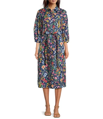 J.McLaughlin Davida Woven Watercolor Petal Print Shirt Collar 3/4 Sleeve Shirt Dress