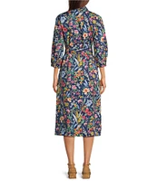 J.McLaughlin Davida Woven Watercolor Petal Print Shirt Collar 3/4 Sleeve Shirt Dress
