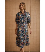 J.McLaughlin Davida Woven Watercolor Petal Print Shirt Collar 3/4 Sleeve Shirt Dress