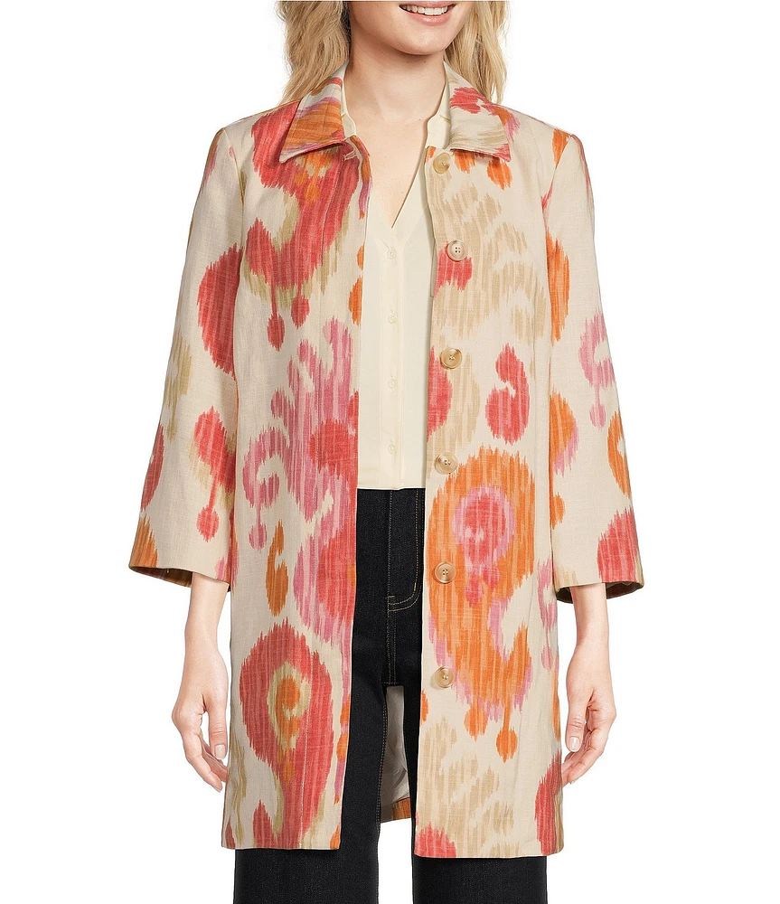 J.McLaughlin Deirdre Printed Linen Blend Point Collar 3/4 Sleeve Coat