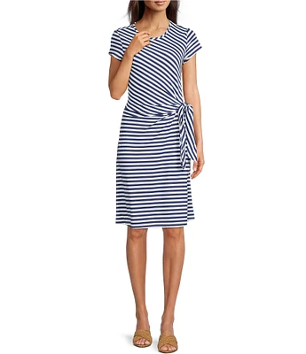 J.McLaughlin Elora Bangle Stripe Print Side Tie Short Sleeve Sheath Dress