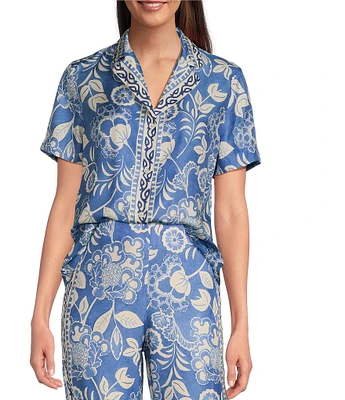 J.McLaughlin Floral Print Silky Collar V-Neck Short Sleeve Coordinating Top