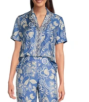 J.McLaughlin Floral Print Silky Collar V-Neck Short Sleeve Coordinating Top