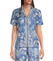 J.McLaughlin Floral Print Silky Collar V-Neck Short Sleeve Coordinating Top
