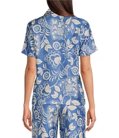 J.McLaughlin Floral Print Silky Collar V-Neck Short Sleeve Coordinating Top