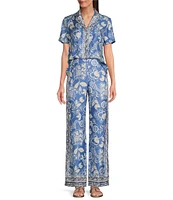 J.McLaughlin Floral Print Silky Collar V-Neck Short Sleeve Coordinating Top