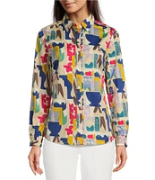 J.McLaughlin Lois Printed Cotton Relaxed Fit Point Collar Long Sleeve Blouse