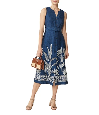J.McLaughlin Margarette Linen Floral Embroidered Split V-Neck Sleeveless Midi Dress