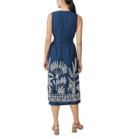 J.McLaughlin Margarette Linen Floral Embroidered Split V-Neck Sleeveless Midi Dress