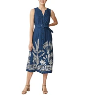 J.McLaughlin Margarette Linen Floral Embroidered Split V-Neck Sleeveless Midi Dress