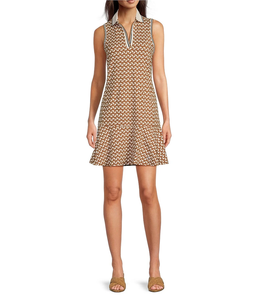 J.McLaughlin Merlin Geometric Print Catalina Cloth Knit Collared V-Neck Sleeveless Ruffled Hem Dress