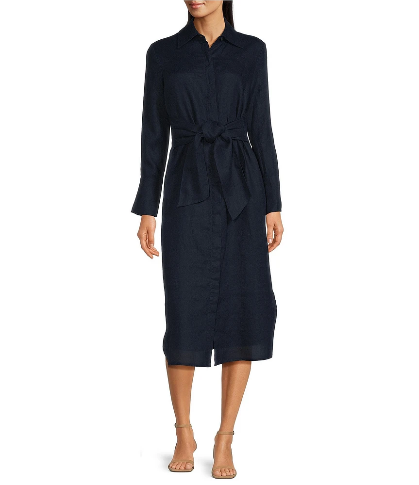 J.McLaughlin Orla Linen Notch Collar Long Sleeve Tie Front Button Down Dress