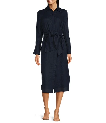 J.McLaughlin Orla Linen Notch Collar Long Sleeve Tie Front Button Down Dress