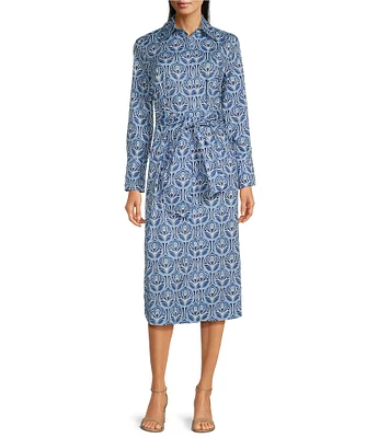 J.McLaughlin Orla Printed Point Collar Long Sleeve Tie Waist Midi Dress