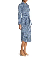 J.McLaughlin Orla Printed Point Collar Long Sleeve Tie Waist Midi Dress