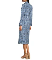 J.McLaughlin Orla Printed Point Collar Long Sleeve Tie Waist Midi Dress