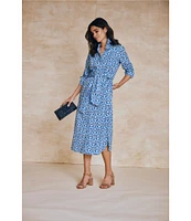 J.McLaughlin Orla Printed Point Collar Long Sleeve Tie Waist Midi Dress